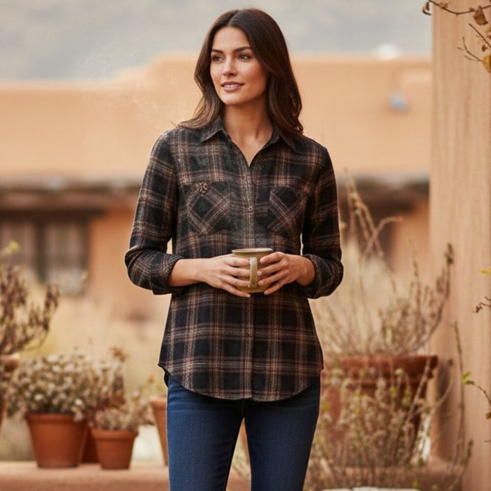 Peruvian Connection Women's Black Brown Plaid Shirt Size XS